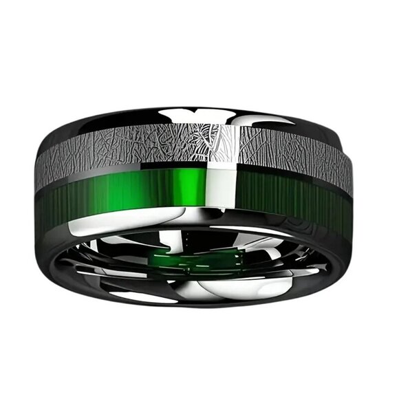 Tungsten Steel Men's Ring 8MM High Polished Green Marble with Meteorite Inlay - Picture 4 of 4